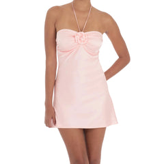 Flower Halter Satin A-Line Mini Dress