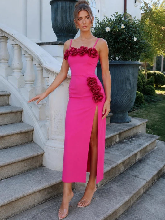 Spaghetti Strap 3d Flower Applique Slit Midi Dress