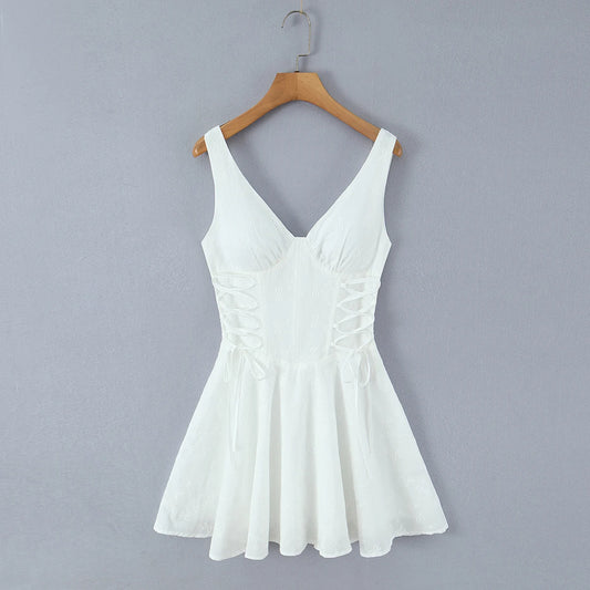 White Embroidery Corset Boning V-neck Mini Dress