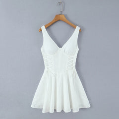 White Embroidery Corset Boning V-neck Mini Dress