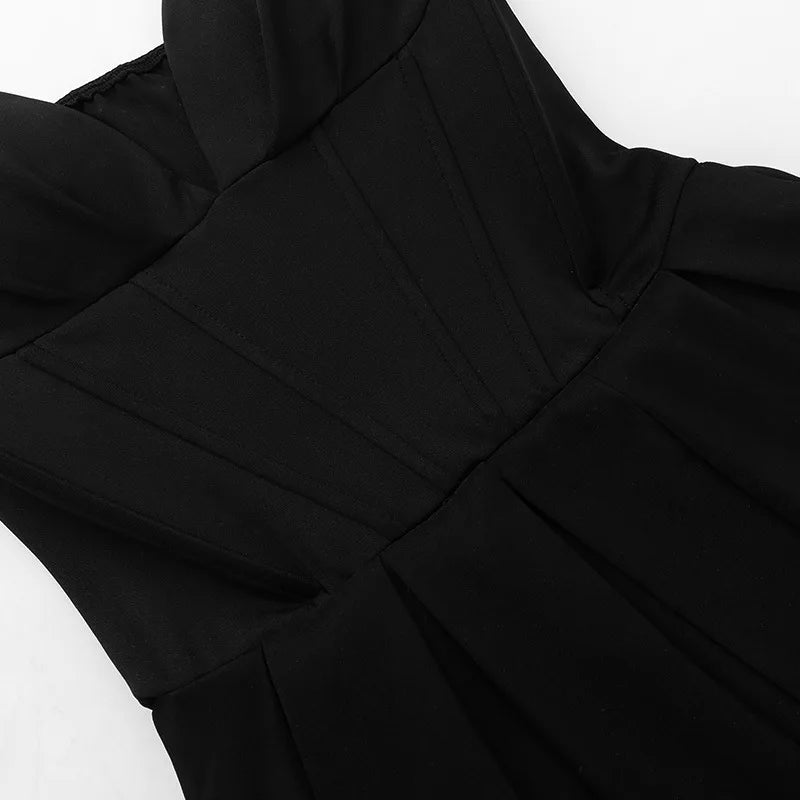 Black Deep Neck Strapless Frill Midi Dress
