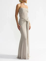 Grey Waist Tie Strapless Draped Maxi Dress