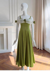 Green Satin Off-shoulder Patchwork Mesh 3d Flower Midi Dress