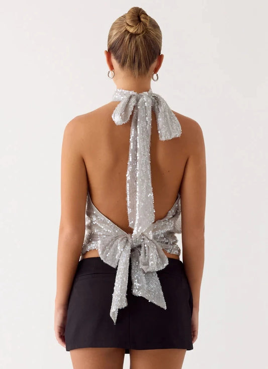 Silver Sequin Open Back Tie Up Top