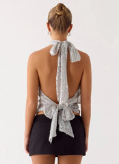 Silver Sequin Open Back Tie Up Top
