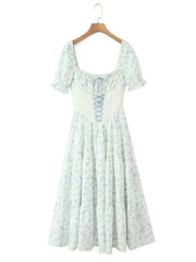 Blue Printed Corset Lace Up Puff Sleeve Maxi Dress