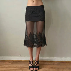 Black Lace Embroidered Sheer Midi Skirt