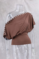 Brown Button Up Off-Shoulder Top