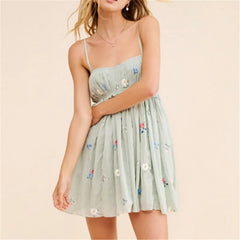 Floral Embroidery Smocked Sleeveless Mini Dress