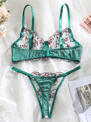 Sheer Lace Foliage Embroidered Lingerie Set