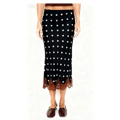 Polka Dot Sheer Lace Trim Satin Long Skirt