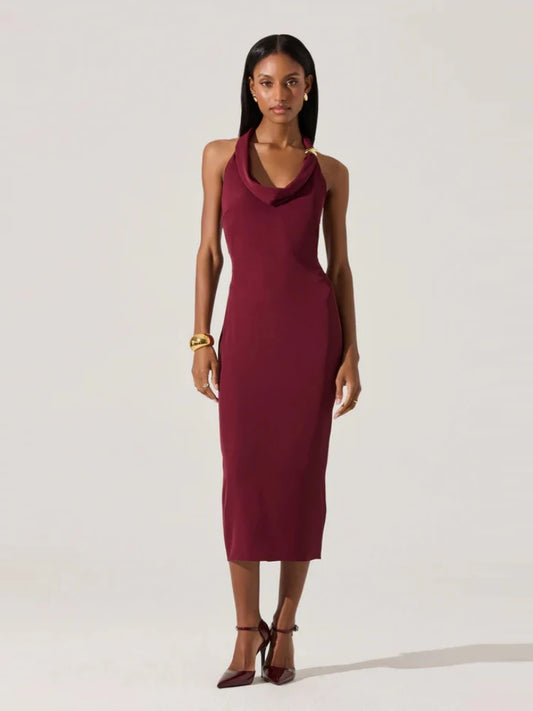 Halter Neck Metal Pin Midi Dress