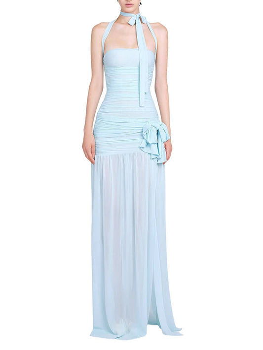 Blue Ruched Halter Draped Bow Maxi Dress