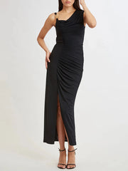 Diagonal Collar Gold Button Black Ruched Midi Dress