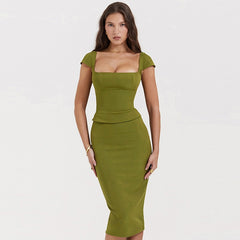 Green Square Neck Top And Bodycon Midi Skirt Two Piece Set - Free From Label