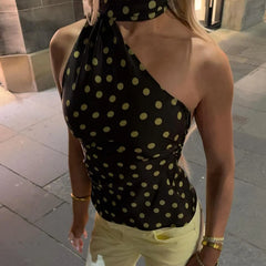 Brown  Polka Dot Scarf Halter Neck Top