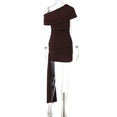 Ribbon Short-Sleeved Slanted Collar Mini Dress