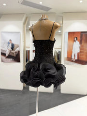 Spaghetti Strap Diamonds Ruffles Flower Hem Mini Dress