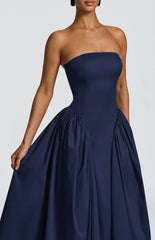 Blue Strapless Lace Up A-Line Midi Dress