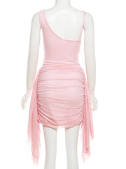 Pink Draped Tassel Mesh Sleeveless Mini Bodycon Dress