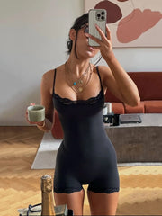 Lace Trim Elasticity Adjustable Strap Lounge Onesie