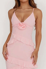 Spaghetti Strap 3D Rose V Neck Ruffle Maxi Dress