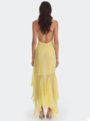 Sheer Halter V Neck Ruffle Pleated Hem  Maxi Dress