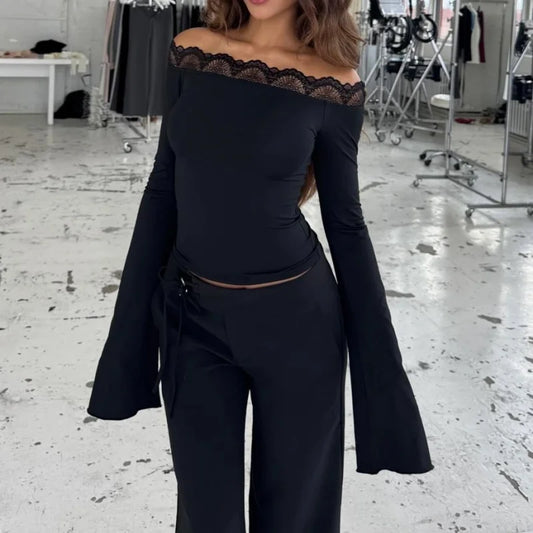Black Off Shoulder Lace Trim Long Sleeve Tee