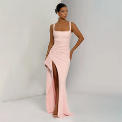 Square Neck Strap Thigh High Split Draped Long Dress