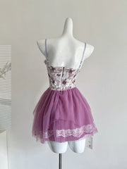 Purple Lace-Up Corset Tulle Mini Dress
