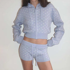 Knit Polka Dot Zip Up Cropped Hoodie and Shorts Set