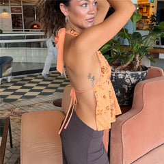 Orange Sequin Halter Open Back Tie Up Crop Top