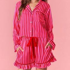 Striped Satin Bow Tie Long Sleeve Shirt And Ruffled Shorts Pajama Set