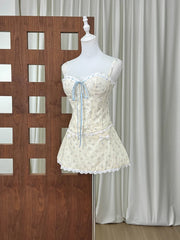 Spaghetti Strap Lace-up Crop Top And Mini Floral Bow Skirt Set