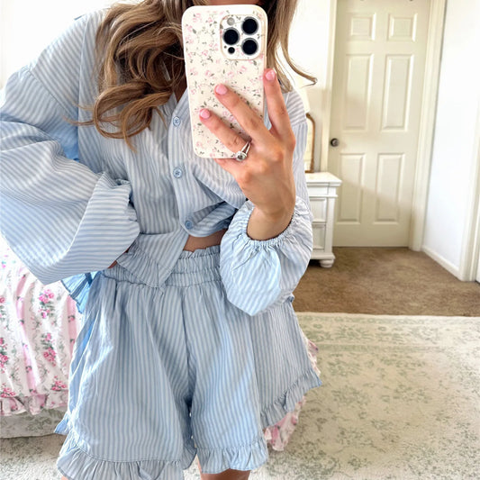 Striped Ruffle Long Puff Sleeve Button Down Shirt and Shorts Pajama Set