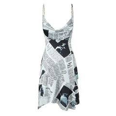 Paper Print Cowl Neck Chain Strap Mini Dress