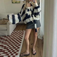 Stripe Oversized Cardigan With Neckerchief