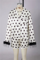 Satin Polka Dot Long Sleeve  Feather Cuff Top And Shorts Set