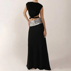 Bandage Tie Up Crop Top & Sequin Strap Long Skirt Set