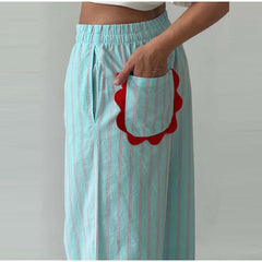 Striped Contrast Wave Cut  Wide Leg Pants