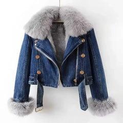 Faux Fur Collar Lining Denim Jacket