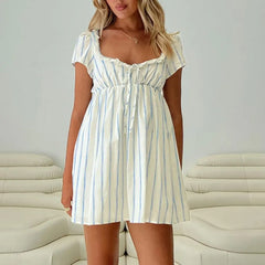 Ruffled Trim Square Neck Short Sleeve Loose Mini Dress