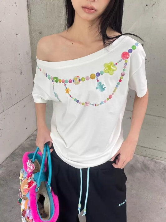 White Charm Beaded Print Off Shoulder Short Sleeve T-shirt