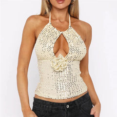 Sequin Halter 3D Flower Cut Out Crop Top