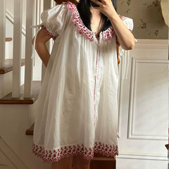 White Embroidered Collar Mini Night Gown