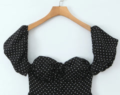 Black Polka Dot Off-Shoulder Puff Sleeve A-Line Mini Dress