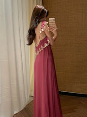 Pink Ruffle Lace Trim Maxi Dress