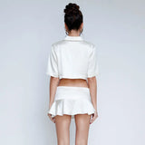 White Satin Irregular Pleated Micro Mini Skirt