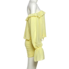 Yellow Off-Shoulder Sheer Ruched Mini Dress