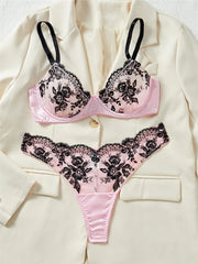 Pink Satin Black Lace Patchwork Lingerie Set